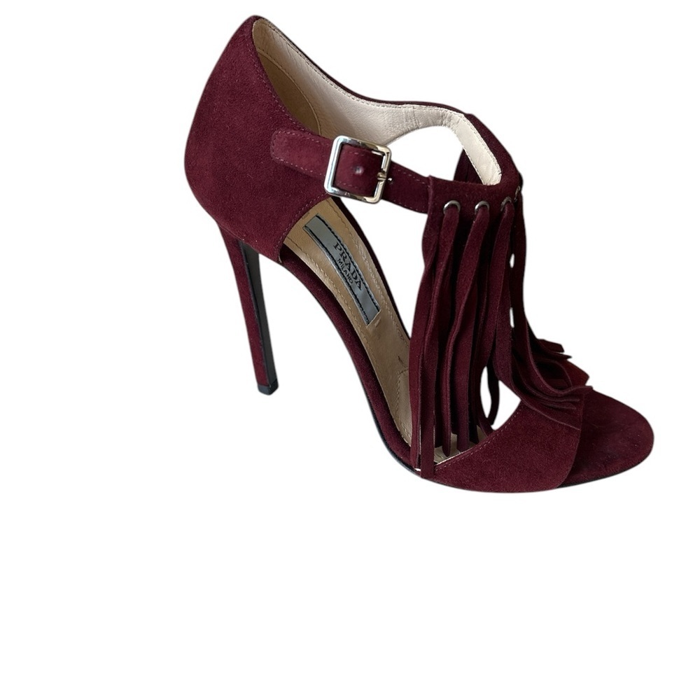 Prada Open Toe sandal heels Fringe Suede Ankle Strap burgundy Size EU 35 - Picture 4 of 12